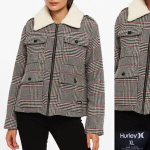 Hurley Houndstooth Winter Coat Jacket Womens XL Plaid Sherpa Collar Trucker